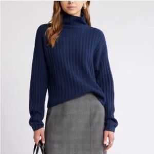2/$30 Open Edit Cotton Blend Ribbed Funnel Neck Sweater Navy sz Medium